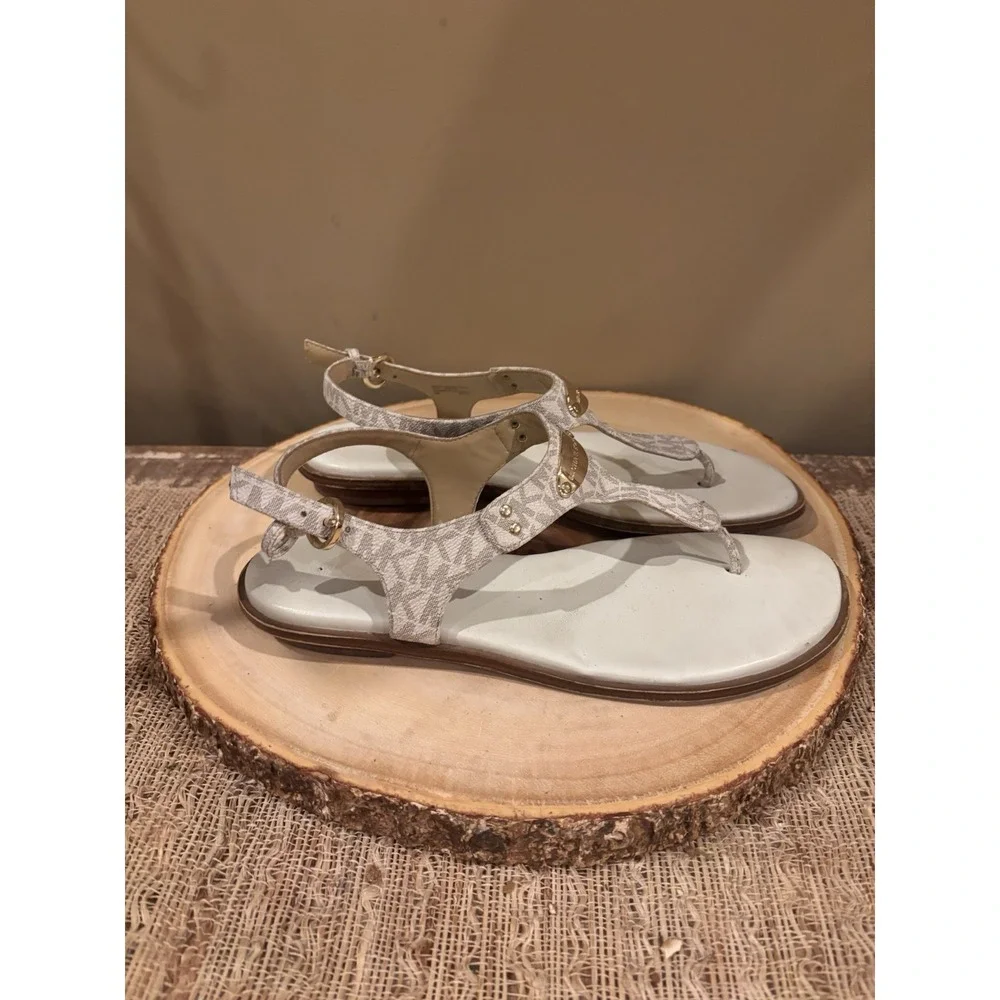 Michael Kors Women's MK Plate Logo Thong Flat Sandal - Vanilla - Canvas Logo 9.5